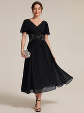 Load image into Gallery viewer, Black | Volume Discounts Short Sleeve Ruffle Lace Trim V-Neck A-Line Midi Wedding Guest Dresses