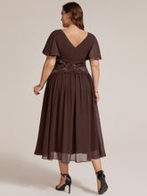 Load image into Gallery viewer, Chocolate Brown | Volume Discounts Short Sleeve Ruffle Lace Trim V-Neck A-Line Midi Wedding Guest Dresses