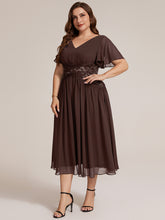 Load image into Gallery viewer, Chocolate Brown | Volume Discounts Short Sleeve Ruffle Lace Trim V-Neck A-Line Midi Wedding Guest Dresses