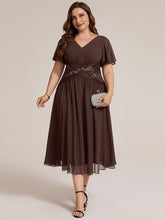 Load image into Gallery viewer, Chocolate Brown | Volume Discounts Short Sleeve Ruffle Lace Trim V-Neck A-Line Midi Wedding Guest Dresses