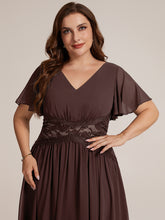 Load image into Gallery viewer, Chocolate Brown | Volume Discounts Short Sleeve Ruffle Lace Trim V-Neck A-Line Midi Wedding Guest Dresses