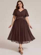 Load image into Gallery viewer, Chocolate Brown | Volume Discounts Short Sleeve Ruffle Lace Trim V-Neck A-Line Midi Wedding Guest Dresses
