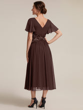 Load image into Gallery viewer, Chocolate Brown | Volume Discounts Short Sleeve Ruffle Lace Trim V-Neck A-Line Midi Wedding Guest Dresses