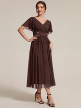 Load image into Gallery viewer, Chocolate Brown | Volume Discounts Short Sleeve Ruffle Lace Trim V-Neck A-Line Midi Wedding Guest Dresses
