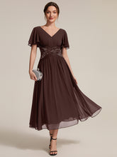 Load image into Gallery viewer, Chocolate Brown | Volume Discounts Short Sleeve Ruffle Lace Trim V-Neck A-Line Midi Wedding Guest Dresses