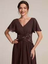 Load image into Gallery viewer, Chocolate Brown | Volume Discounts Short Sleeve Ruffle Lace Trim V-Neck A-Line Midi Wedding Guest Dresses