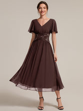 Load image into Gallery viewer, Chocolate Brown | Volume Discounts Short Sleeve Ruffle Lace Trim V-Neck A-Line Midi Wedding Guest Dresses