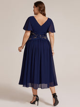 Load image into Gallery viewer, Navy Blue | Volume Discounts Short Sleeve Ruffle Lace Trim V-Neck A-Line Midi Wedding Guest Dresses