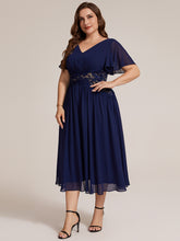 Load image into Gallery viewer, Navy Blue | Volume Discounts Short Sleeve Ruffle Lace Trim V-Neck A-Line Midi Wedding Guest Dresses