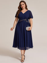 Load image into Gallery viewer, Navy Blue | Volume Discounts Short Sleeve Ruffle Lace Trim V-Neck A-Line Midi Wedding Guest Dresses
