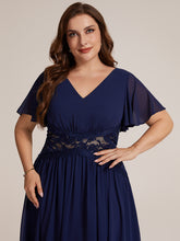 Load image into Gallery viewer, Navy Blue | Volume Discounts Short Sleeve Ruffle Lace Trim V-Neck A-Line Midi Wedding Guest Dresses