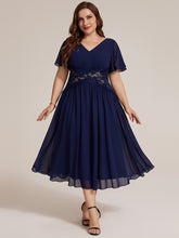 Load image into Gallery viewer, Navy Blue | Volume Discounts Short Sleeve Ruffle Lace Trim V-Neck A-Line Midi Wedding Guest Dresses
