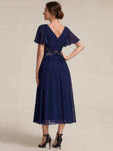 Load image into Gallery viewer, Navy Blue | Volume Discounts Short Sleeve Ruffle Lace Trim V-Neck A-Line Midi Wedding Guest Dresses