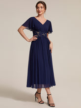 Load image into Gallery viewer, Navy Blue | Volume Discounts Short Sleeve Ruffle Lace Trim V-Neck A-Line Midi Wedding Guest Dresses