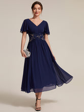 Load image into Gallery viewer, Navy Blue | Volume Discounts Short Sleeve Ruffle Lace Trim V-Neck A-Line Midi Wedding Guest Dresses