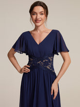 Load image into Gallery viewer, Navy Blue | Volume Discounts Short Sleeve Ruffle Lace Trim V-Neck A-Line Midi Wedding Guest Dresses