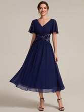Load image into Gallery viewer, Navy Blue | Volume Discounts Short Sleeve Ruffle Lace Trim V-Neck A-Line Midi Wedding Guest Dresses