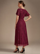Load image into Gallery viewer, Burgundy | Factory Design Short Sleeve Ruffle Sheath V-Neck High Stretch Wedding Guest Dresses