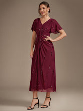 Load image into Gallery viewer, Burgundy | Factory Design Short Sleeve Ruffle Sheath V-Neck High Stretch Wedding Guest Dresses