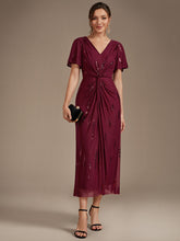 Load image into Gallery viewer, Burgundy | Factory Design Short Sleeve Ruffle Sheath V-Neck High Stretch Wedding Guest Dresses