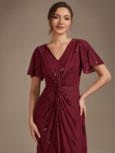 Load image into Gallery viewer, Burgundy | Factory Design Short Sleeve Ruffle Sheath V-Neck High Stretch Wedding Guest Dresses