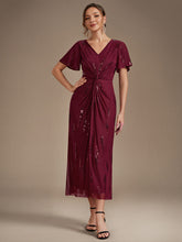 Load image into Gallery viewer, Burgundy | Factory Design Short Sleeve Ruffle Sheath V-Neck High Stretch Wedding Guest Dresses