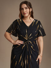 Load image into Gallery viewer, Black Gold | Factory Design Short Sleeve Ruffle Sheath V-Neck High Stretch Wedding Guest Dresses