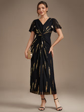 Load image into Gallery viewer, Black Gold | Factory Design Short Sleeve Ruffle Sheath V-Neck High Stretch Wedding Guest Dresses