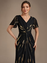 Load image into Gallery viewer, Black Gold | Factory Design Short Sleeve Ruffle Sheath V-Neck High Stretch Wedding Guest Dresses