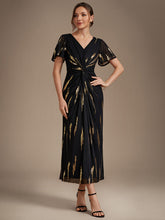 Load image into Gallery viewer, Black Gold | Factory Design Short Sleeve Ruffle Sheath V-Neck High Stretch Wedding Guest Dresses