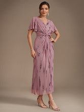 Load image into Gallery viewer, Purple Orchid | Factory Design Short Sleeve Ruffle Sheath V-Neck High Stretch Wedding Guest Dresses