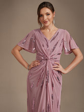 Load image into Gallery viewer, Purple Orchid | Factory Design Short Sleeve Ruffle Sheath V-Neck High Stretch Wedding Guest Dresses