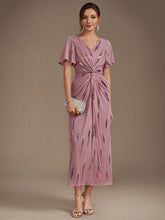 Load image into Gallery viewer, Purple Orchid | Factory Design Short Sleeve Ruffle Sheath V-Neck High Stretch Wedding Guest Dresses