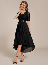 Load image into Gallery viewer, Color=Black | Embroidery Contrast Chiffon Wedding Guest Dresses with Asymmetrical Hem-Black 4