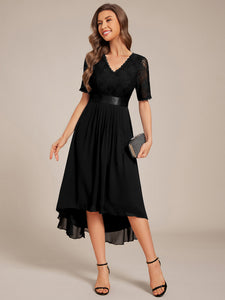 Color=Black | Embroidery Contrast Chiffon Wedding Guest Dresses with Asymmetrical Hem-Black 5