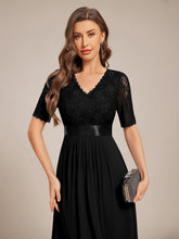 Load image into Gallery viewer, Color=Black | Embroidery Contrast Chiffon Wedding Guest Dresses with Asymmetrical Hem-Black 3