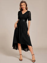 Load image into Gallery viewer, Color=Black | Embroidery Contrast Chiffon Wedding Guest Dresses with Asymmetrical Hem-Black 1