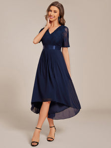 Color=Navy Blue | Embroidery Contrast Chiffon Wedding Guest Dresses with Asymmetrical Hem-Navy Blue 9