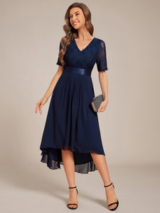 Color=Navy Blue | Embroidery Contrast Chiffon Wedding Guest Dresses with Asymmetrical Hem-Navy Blue 10