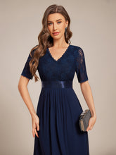 Load image into Gallery viewer, Color=Navy Blue | Embroidery Contrast Chiffon Wedding Guest Dresses with Asymmetrical Hem-Navy Blue 8