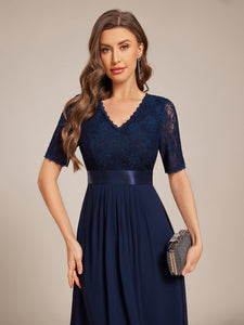 Color=Navy Blue | Embroidery Contrast Chiffon Wedding Guest Dresses with Asymmetrical Hem-Navy Blue 8