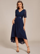 Load image into Gallery viewer, Color=Navy Blue | Embroidery Contrast Chiffon Wedding Guest Dresses with Asymmetrical Hem-Navy Blue 6