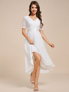 Color=White | Embroidery Contrast Chiffon Wedding Guest Dresses with Asymmetrical Hem-White 14