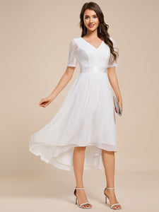 Color=White | Embroidery Contrast Chiffon Wedding Guest Dresses with Asymmetrical Hem-White 15