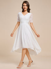 Load image into Gallery viewer, Color=White | Embroidery Contrast Chiffon Wedding Guest Dresses with Asymmetrical Hem-White 11