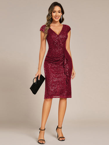 Color=Burgundy | Short Sleeve V-Neck Lotus Leaf Midi Dress with Paillette | Wedding Guest Dresses-Burgundy 1