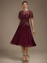 Load image into Gallery viewer, Burgundy | Wholesale Plus Size Short Ruffle-Sleeve Tulle A-Line Round-Neck Wedding Guest Dresses-Burgundy
