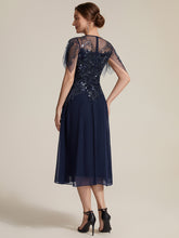 Load image into Gallery viewer, Navy Blue | Wholesale Plus Size Short Ruffle-Sleeve Tulle A-Line Round-Neck Wedding Guest Dresses-Navy Blue