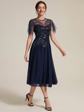 Load image into Gallery viewer, Navy Blue | Wholesale Plus Size Short Ruffle-Sleeve Tulle A-Line Round-Neck Wedding Guest Dresses-Navy Blue