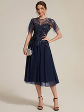 Load image into Gallery viewer, Navy Blue | Wholesale Plus Size Short Ruffle-Sleeve Tulle A-Line Round-Neck Wedding Guest Dresses-Navy Blue